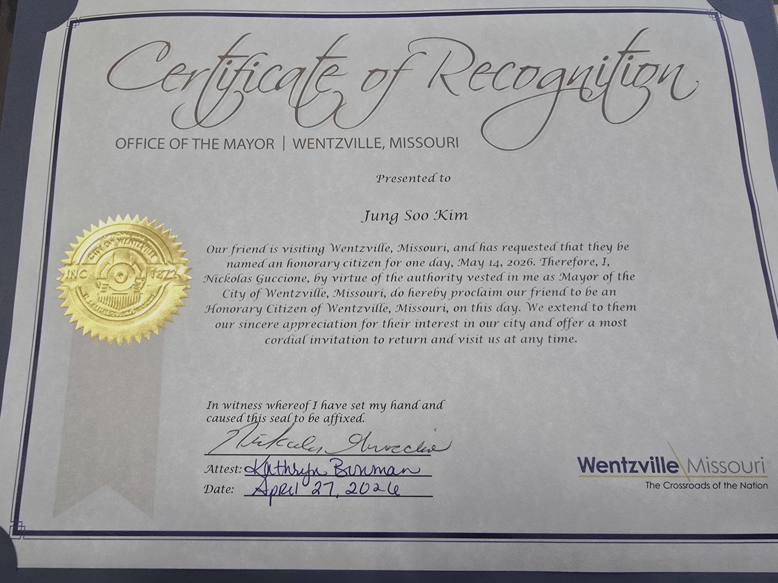 Certificate of Recognition from the Office of the Mayor of Wentzville, Missouri, naming Jung Soo Kim an Honorary Citizen of Wentzville for 14 May 2026
